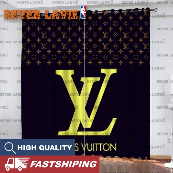 Louis Vuiton Golden Logo With Brown Monogram In Black Background Window Curtain