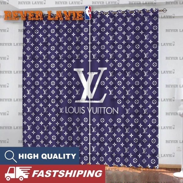 Louis Vuitton Big Logo With White Monogram In High Fashion Blue Background Window Curtain
