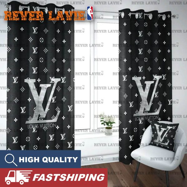 Louis Vuitton Big Silver Logo And Monogram In Black Background Two Sides Splitted Window Curtan
