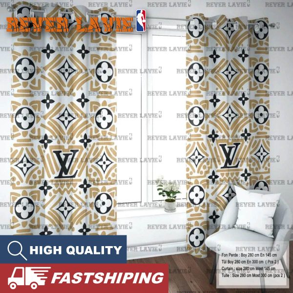 Louis Vuitton Luxury Monogram With Yellow Doodle In White Background Window Curtain