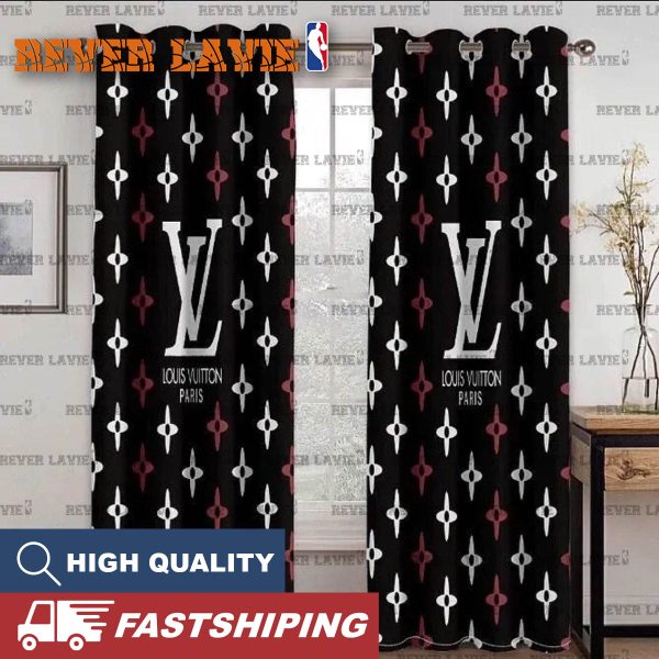 Louis Vuitton Paris Big Logo With White And Maroon Monogram In Black Background Window Curtain
