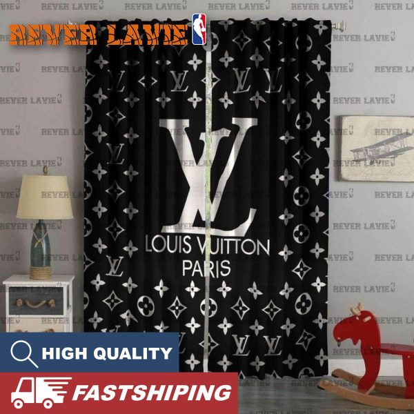 Louis Vuitton Paris Big Logo With White Monogram In Black Background Window Curtain