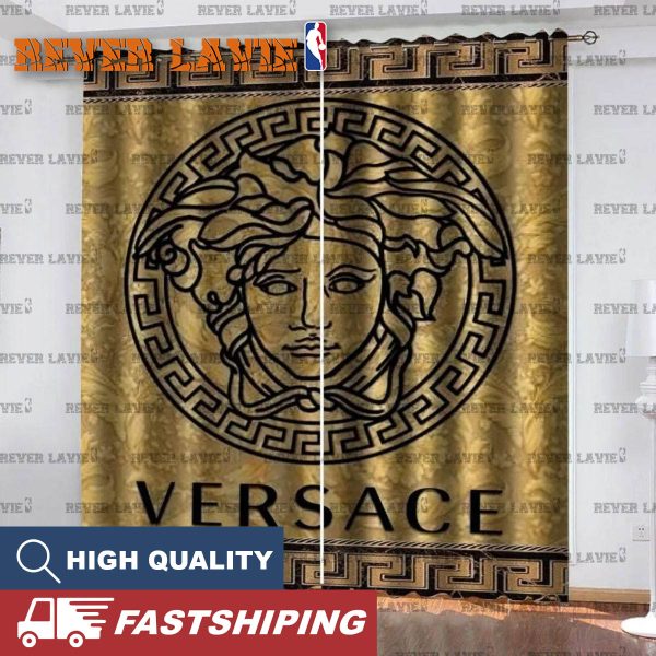 Versace Big Black Logo In Golden Background With Signature Greca Pattern Window Curtain