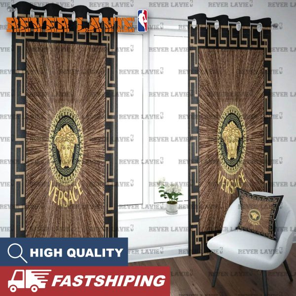 Versace Big Golden Logo In Luxury Brown Backgroud With Greca Pattern Window Curtain