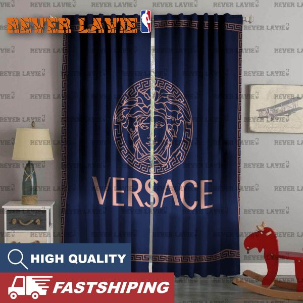 Versace Big Medusa Logo In Trendy Deep Blue Background Window Curtain