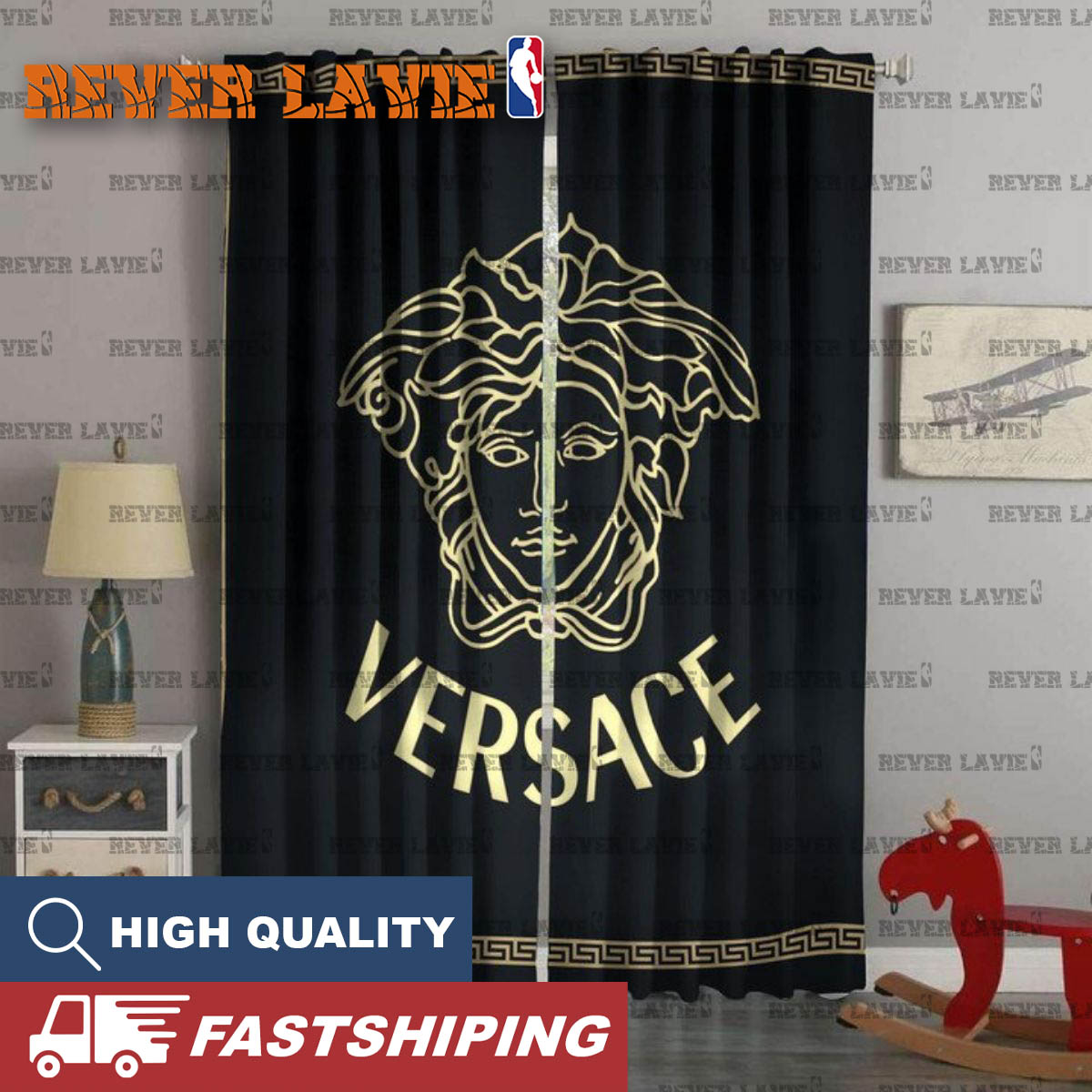 Versace Golden Big Logo With Signature Greca Pattern In Mistic Black Background Window Curtain Versace Golden Big Logo With Signature Greca Pattern In Mistic Black Background Window Curtain