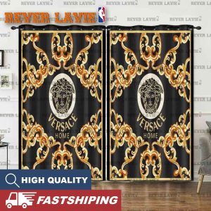 Versace Golden Logo With Golden Flames In Black Background Two Sides Splitted Window Curtain