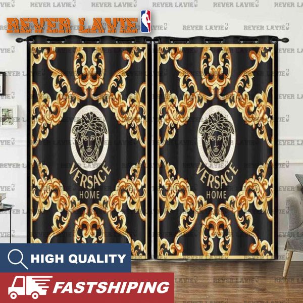 Versace Golden Logo With Golden Flames In Black Background Two Sides Splitted Window Curtain
