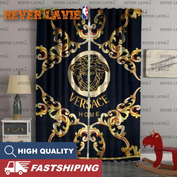 Versace Golden Logo With Golden Flames In Black Background Window Curtain