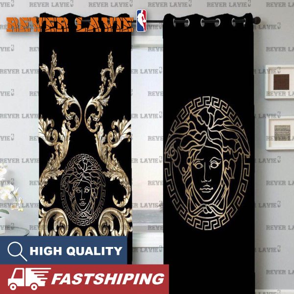 Versace Luxury Two Sides Splitted Big Golden Logo And Baroque Pattern In Black Background Window Curtain