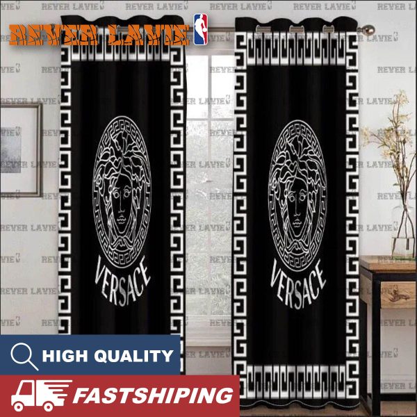 Versace White Logo With Signature Greca Pattern In Mistic Black Background Window Curtain
