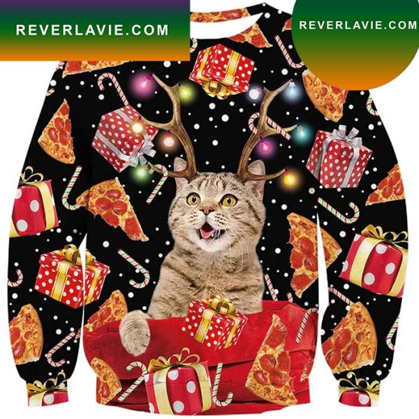 Antlers Cat Pizza Ugly Christmas Sweater