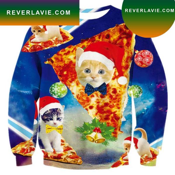 Blue Pizza Cat Ugly Christmas Sweater