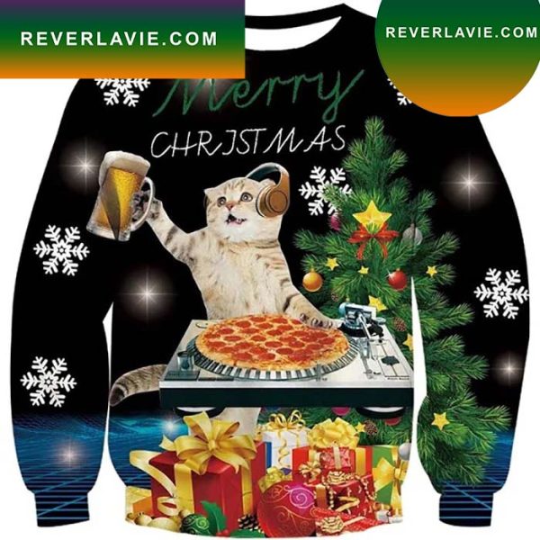 Jing Beer Pizza Cat Ugly Christmas Sweater