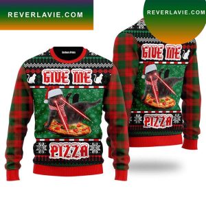 Naughty Pizza Cat With Laser Eyes Give Me Pizza Ugly Christmas Sweater