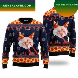 Pizza Cat With Laser Eyes Fire Ugly Christmas Sweater