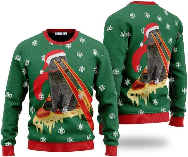 Pizza Cat With Laser Eyes Hot Trend Christmas Ugly Sweater