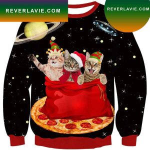Space Pizza Cat Ugly Chritmas Sweater