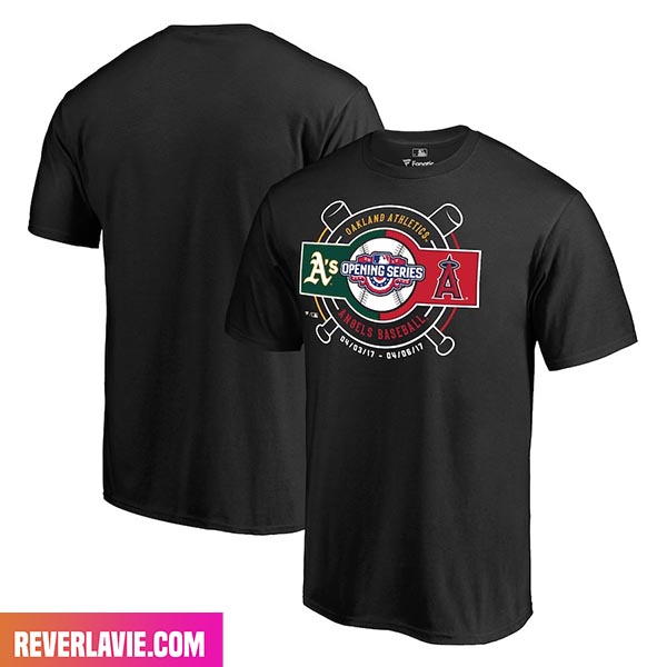 Oakland Athletics vs Los Angeles Angels Fanatics Branded Black 2017 Opening Series Style T-Shirt Oakland Athletics vs Los Angeles Angels Fanatics Branded Black 2017 Opening Series Style T-Shirt