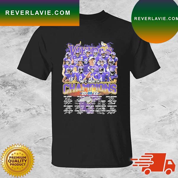 Minnesota Vikings Football Team 2022 NFC North Champions Signatures T-shirt Minnesota Vikings Football Team 2022 NFC North Champions Signatures T-shirt