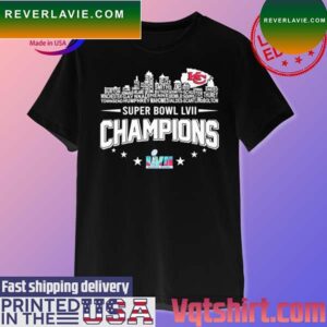 Official NFL Kansas City Chiefs team name skyline Super Bowl LVII Champions 2023 T-shirt