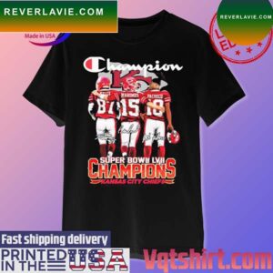 Travis Kelce Patrick Mahomes and Pacheco Super Bowl LVII Champions Kansas City Chiefs signatures T-shirt