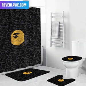 Bape Golden Ape With White Line Camo In Black Background Bathroom Set