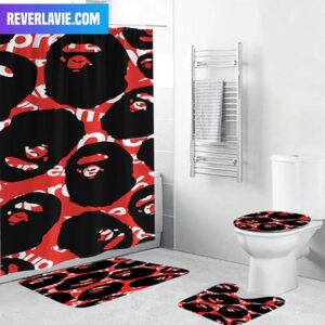 Bape Signature Ape Pattern In Red Supreme Background Bathroom Set