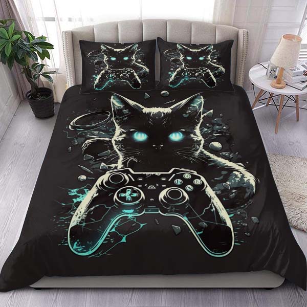 Black Cat Gaming Console Comforter Bedding Set Black Cat Gaming Console Comforter Bedding Set