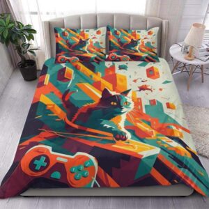 Cat And Controller Gaming Comforter Bedding Set