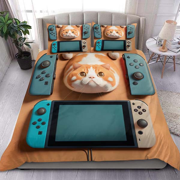 Munchkin Cat And Gaming Controller Queen Bedding Set Munchkin Cat And Gaming Controller Queen Bedding Set