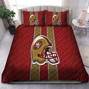 49ers Helmet Logo In Red With Brown Stripes Background Bedding Set