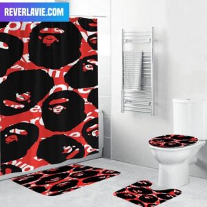 Bape Signature Ape Pattern In Red Supreme Background Bathroom Set