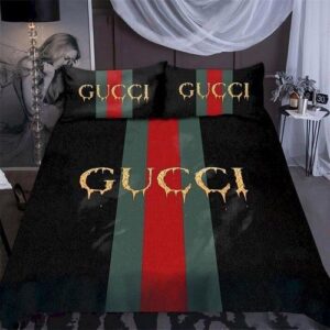 Best Gucci Golden Logo With Vintage Web In Black Background Bedroom Set