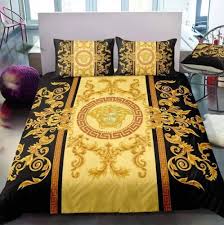Best Versace Gold Logo With Flame Bedding Set