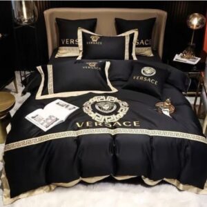 Best Versace Gold Stripe And Black Background Bedding Set