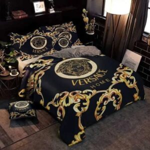 Best Versace Golden Logo With Golden Flames Bedding Set