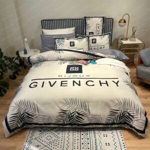 Bijoux Givenchy Signature Logo In White Backgroud With Blue Tropical Pattern Bedding Set