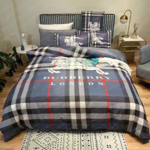 Burberry London Logo In Blue Burberry Check Bedding Set