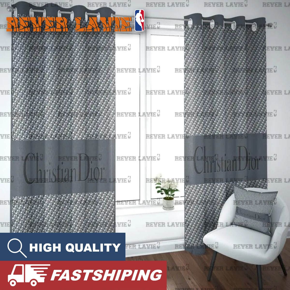 Christian Dior Signature Logo In Grey Monogram Background Window Curtain Christian Dior Signature Logo In Grey Monogram Background Window Curtain