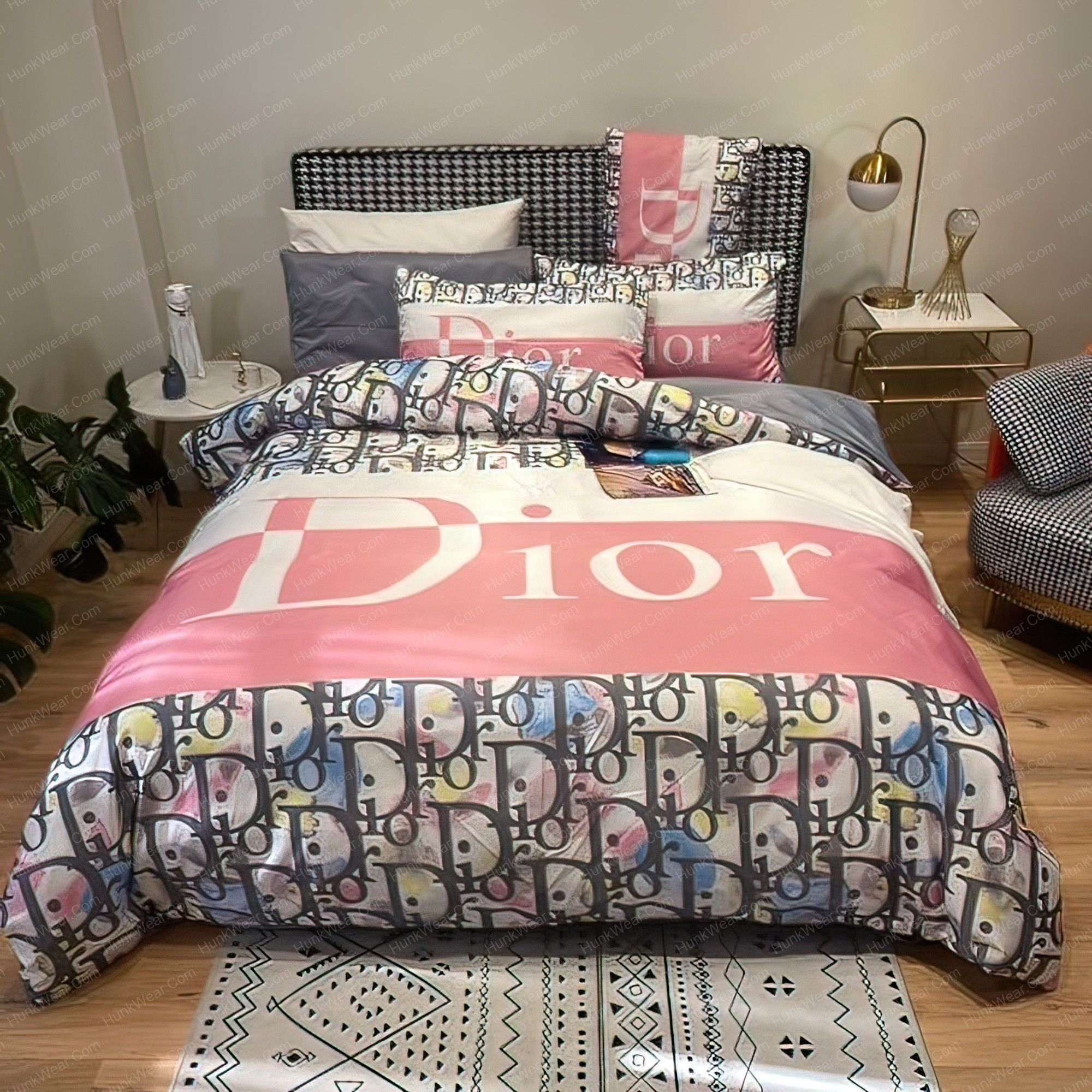 Dior White And Pink Logo In Colorful Dior Oblique Background Bedding Set Dior White And Pink Logo In Colorful Dior Oblique Background Bedding Set