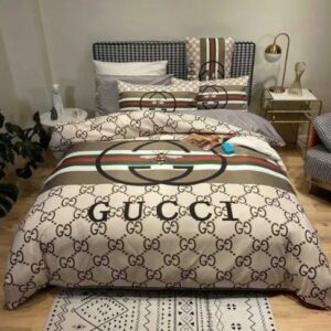 Gucci Bee Big Logo In Monogram Background With Stripe Duvet Cover Set