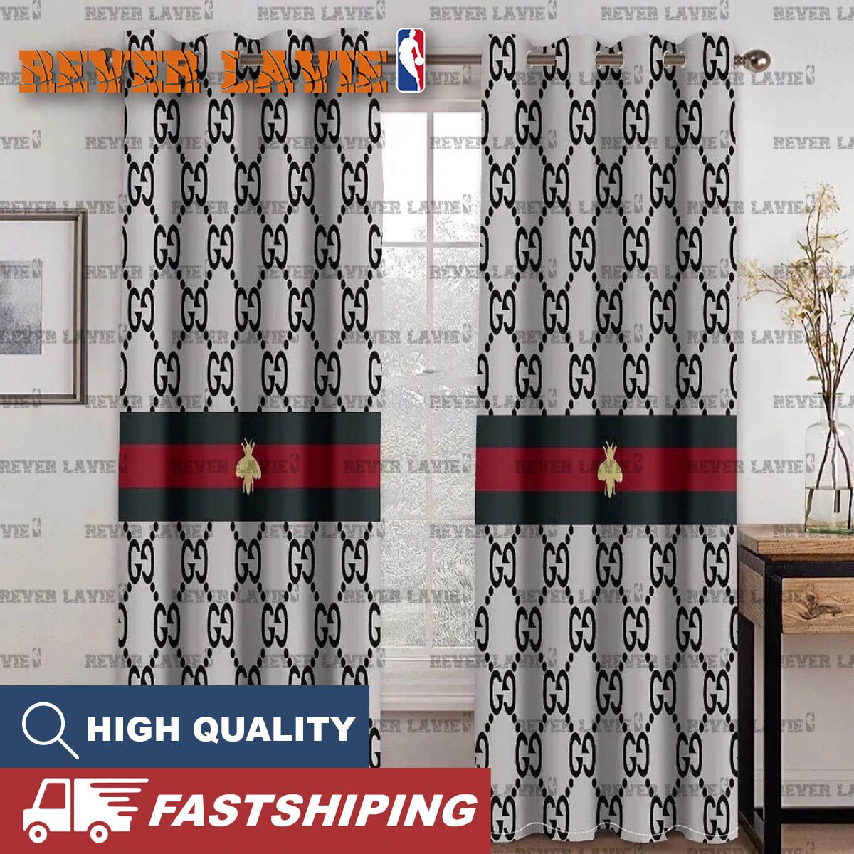 Gucci Bee With Vintage Web In Fancy Black And White Monogram Window Curtain Gucci Bee With Vintage Web In Fancy Black And White Monogram Window Curtain