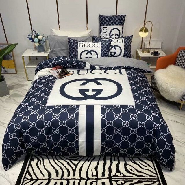 Gucci Big Logo In Blue Monogram Background Bedding Set King Gucci Big Logo In Blue Monogram Background Bedding Set King