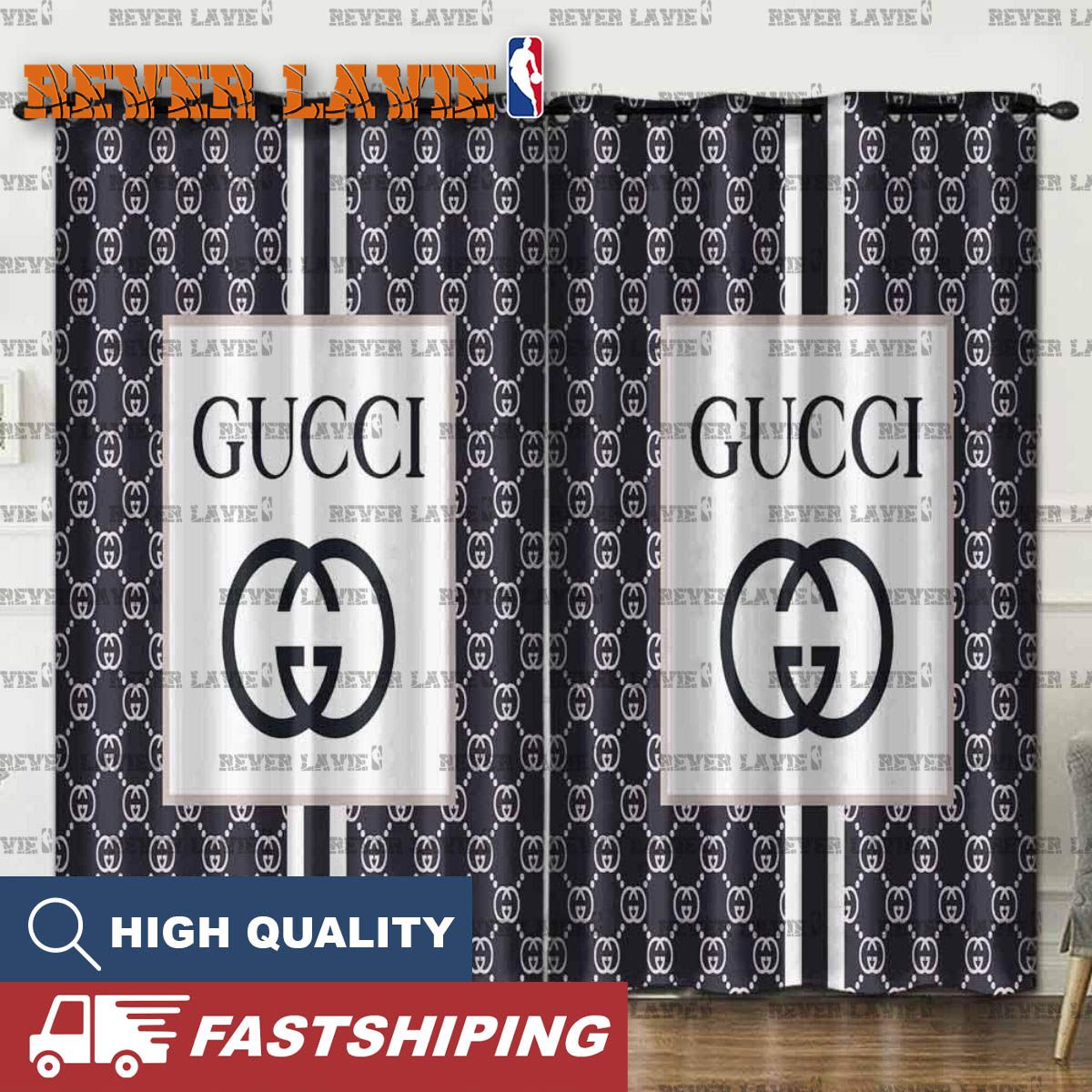 Gucci Big Logo In Blue Monogram Background Splited Window Curtain Gucci Big Logo In Blue Monogram Background Splited Window Curtain