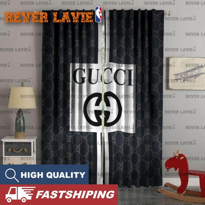 Gucci Big Logo In Blue Monogram Background Window Curtain Gucci Big Logo In Blue Monogram Background Window Curtain