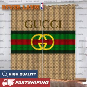 Gucci Big Logo In Signature Vintage Web Red And Green In Brown Monogram Background Window Cur…