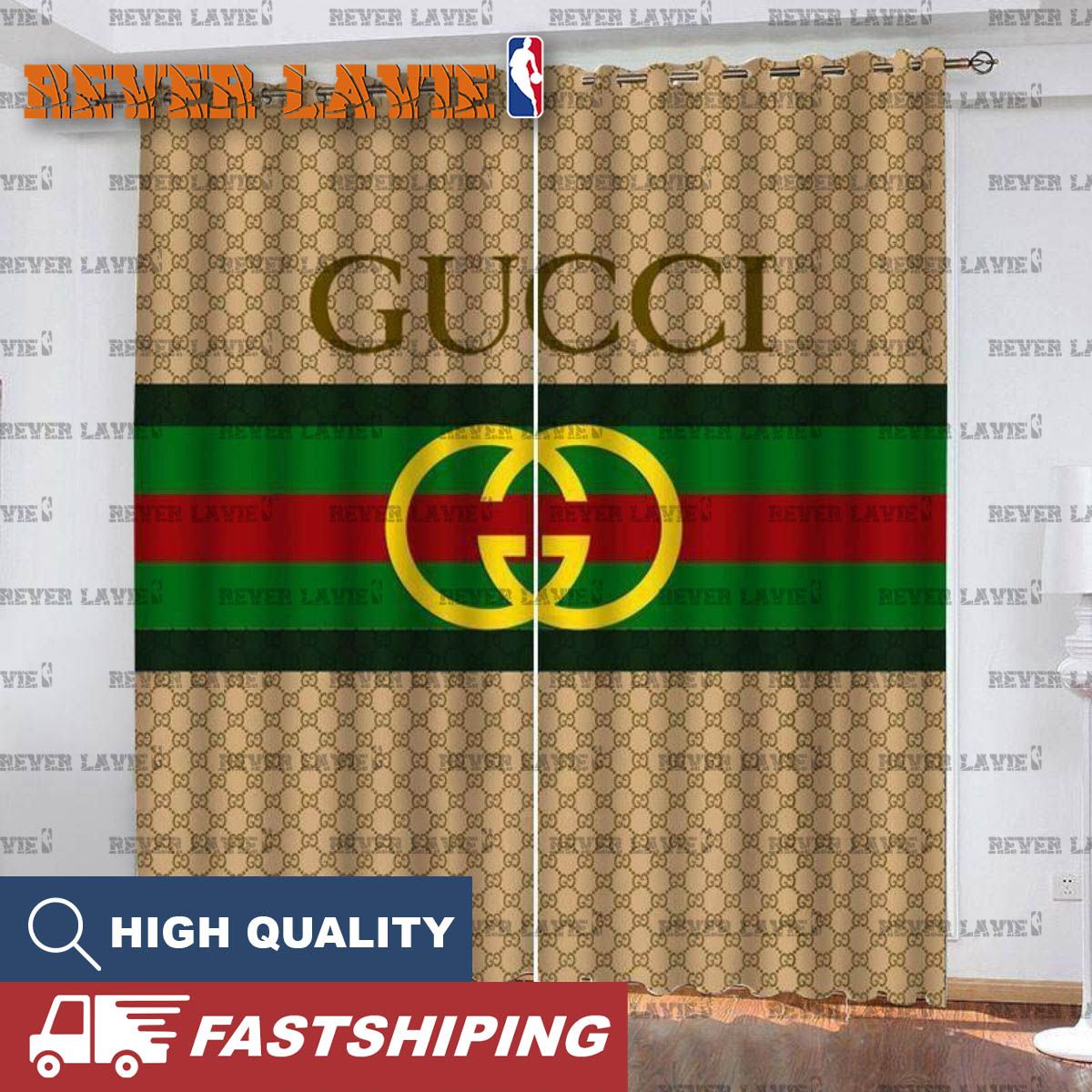 Gucci Big Logo In Signature Vintage Web Red And Green In Brown Monogram Background Window Cur... Gucci Big Logo In Signature Vintage Web Red And Green In Brown Monogram Background Window Cur...