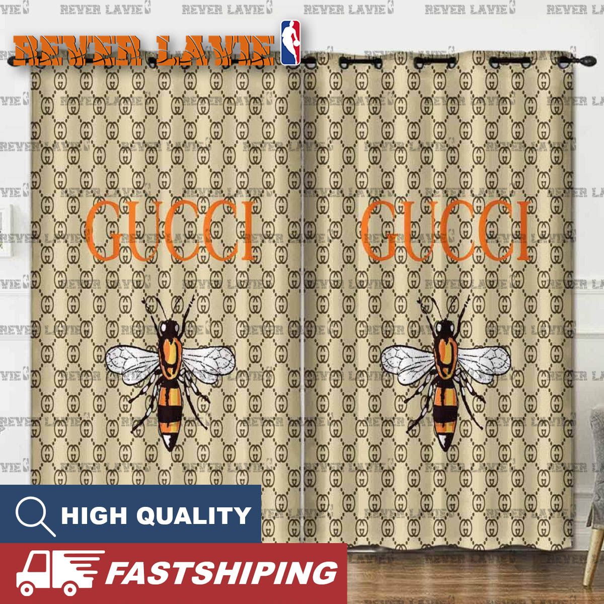 Gucci Big Logo With Signature Bee In Brown Monogram Background Window Curtain Gucci Big Logo With Signature Bee In Brown Monogram Background Window Curtain
