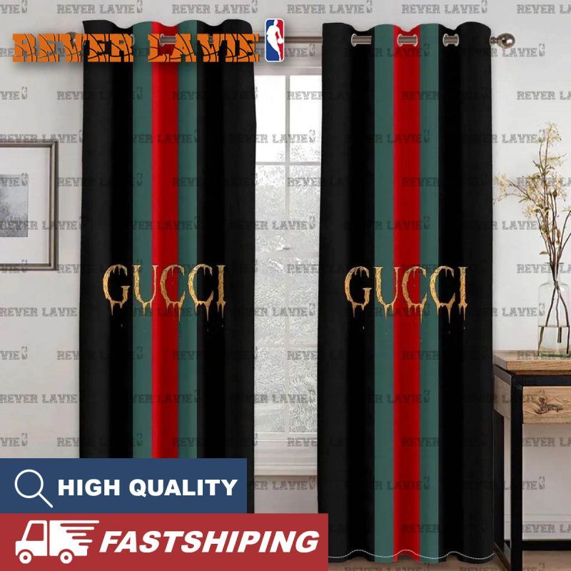Gucci Classic Golden Logo With Vintage Web In Black Background Window Curtain Gucci Classic Golden Logo With Vintage Web In Black Background Window Curtain